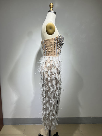 Gorgeous Feather Rhinestone Beaded See-through High Slit Tube Top Dress Aclosy