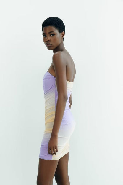 Women's Tie-dye Printed Pleated Tube Top Slim Dress Aclosy