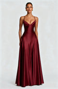 Alana Satin Cinched-Waist Maxi Evening Gown-Wine Red Aclosy