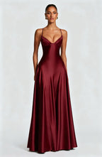 Alana Satin Cinched-Waist Maxi Evening Gown-Wine Red Aclosy