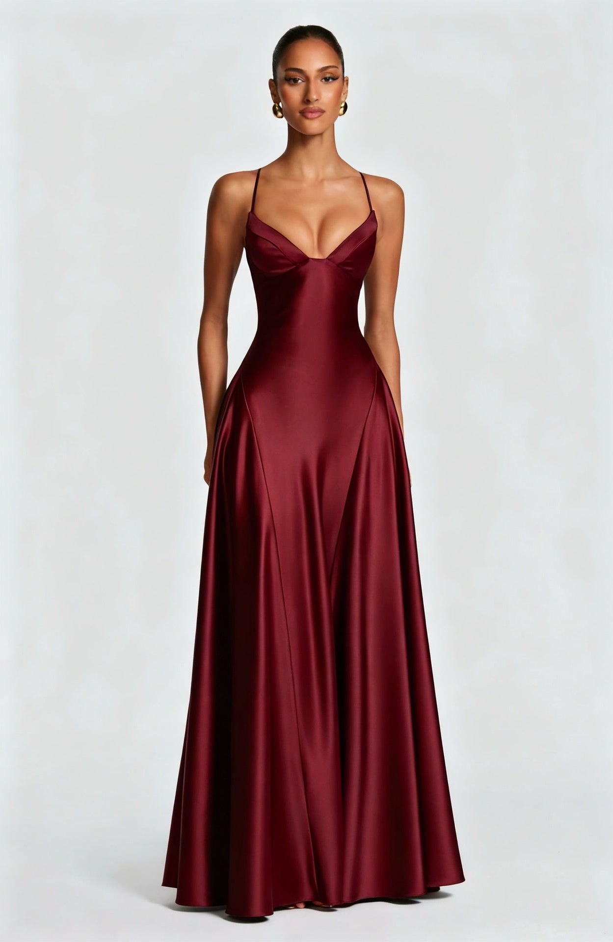 Alana Satin Cinched-Waist Maxi Evening Gown-Wine Red Aclosy