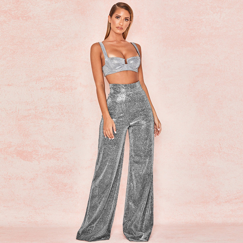 High waist silver light wide leg casual trousers aclosy