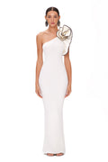 White One-shoulder Flower Black Hook Slim Fit Long Dress Aclosy