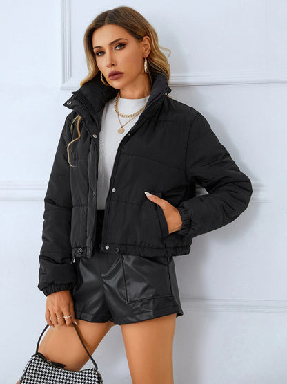 Snap and Zip Closure Drawstring Cropped Winter Coat Trendsi