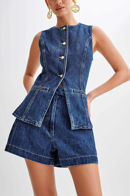 Denim Sleeveless Button Up Top Suit-Blue