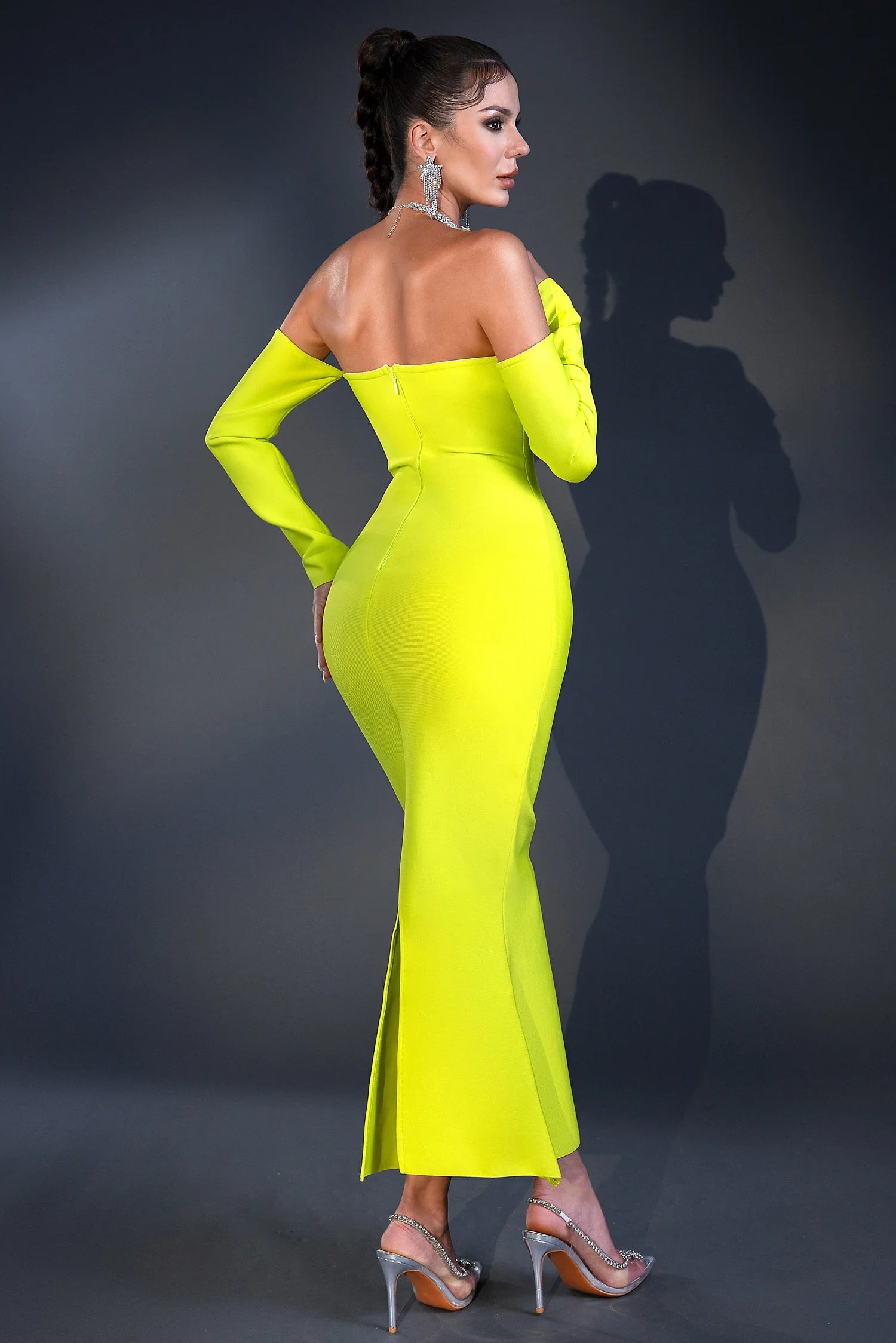 Sexy Long Sleeve Mesh Patchwork V-neck Diamond High Waist Hip Bag Bandage One-piece Dress Aclosy