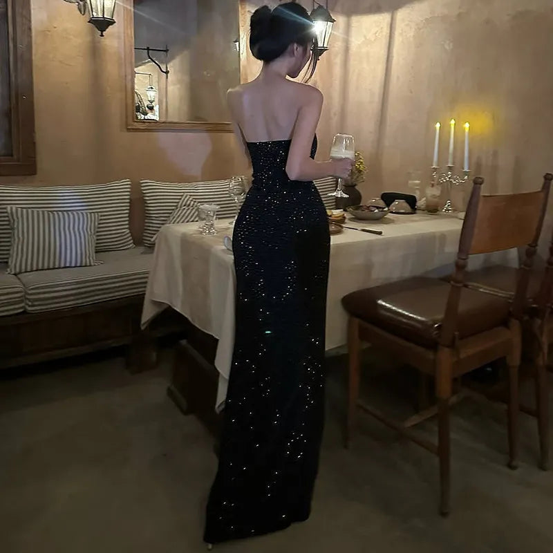 Shasha Rhinestone Strapless Black Backless Maxi Dress