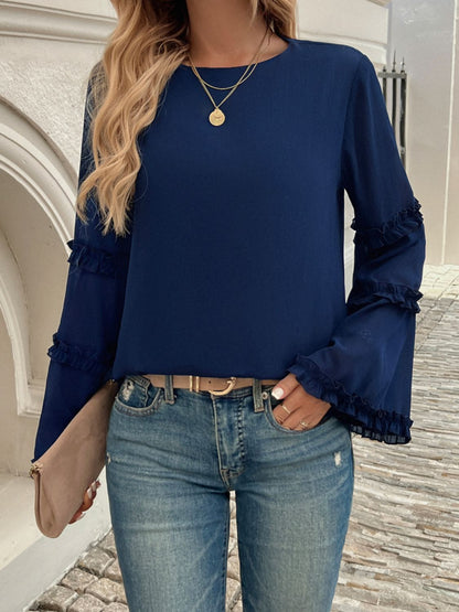 Devine Frill Round Neck Long Sleeve Top Trendsi