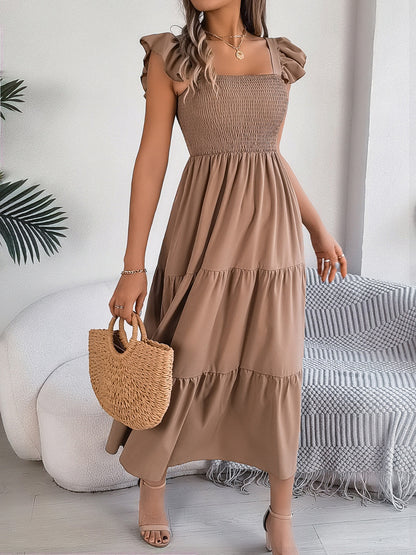 Smocked Square Neck Cap Sleeve Midi Dress Trendsi