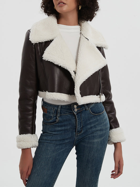 Collared Neck Long Sleeve Plush Cropped Jacket Trendsi