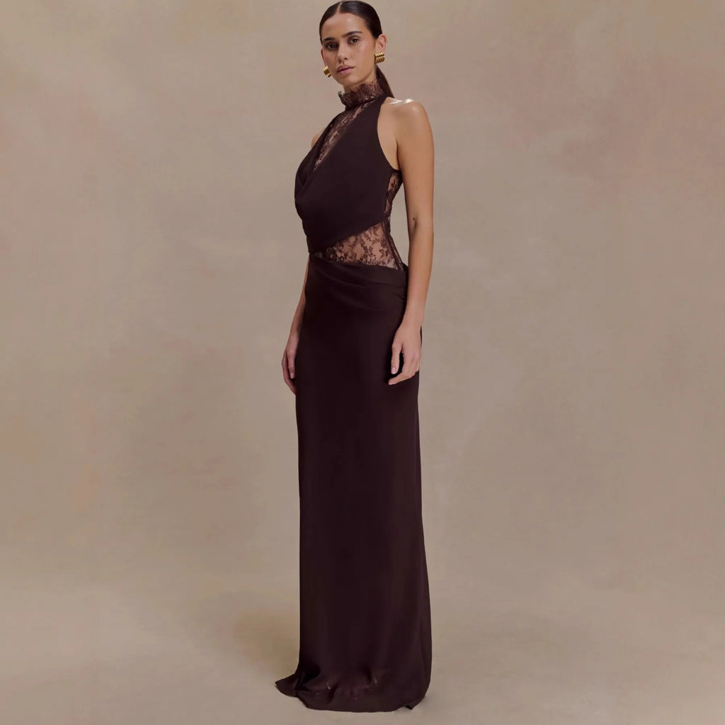SAVANNAH TERRACOTTA HALTER LACE BODYCON MAXI DRESS