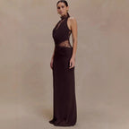 SAVANNAH TERRACOTTA HALTER LACE BODYCON MAXI DRESS