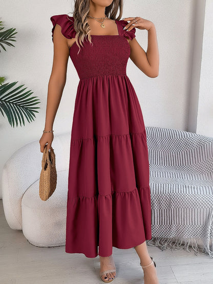 Smocked Square Neck Cap Sleeve Midi Dress Trendsi