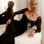 Women's Black With Fishbone Braces Long Sleeve Tight Dress Aclosy