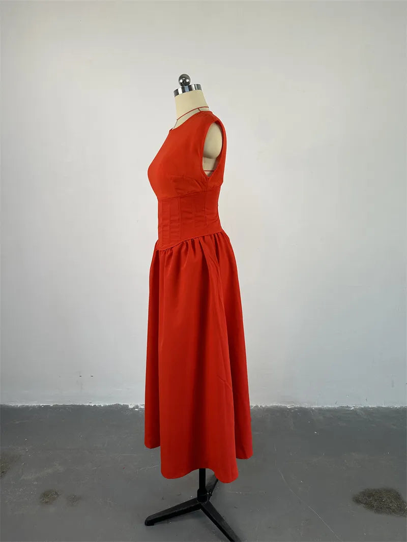 Halter Neck Cinched High Waist Fishbone A-line Skirt