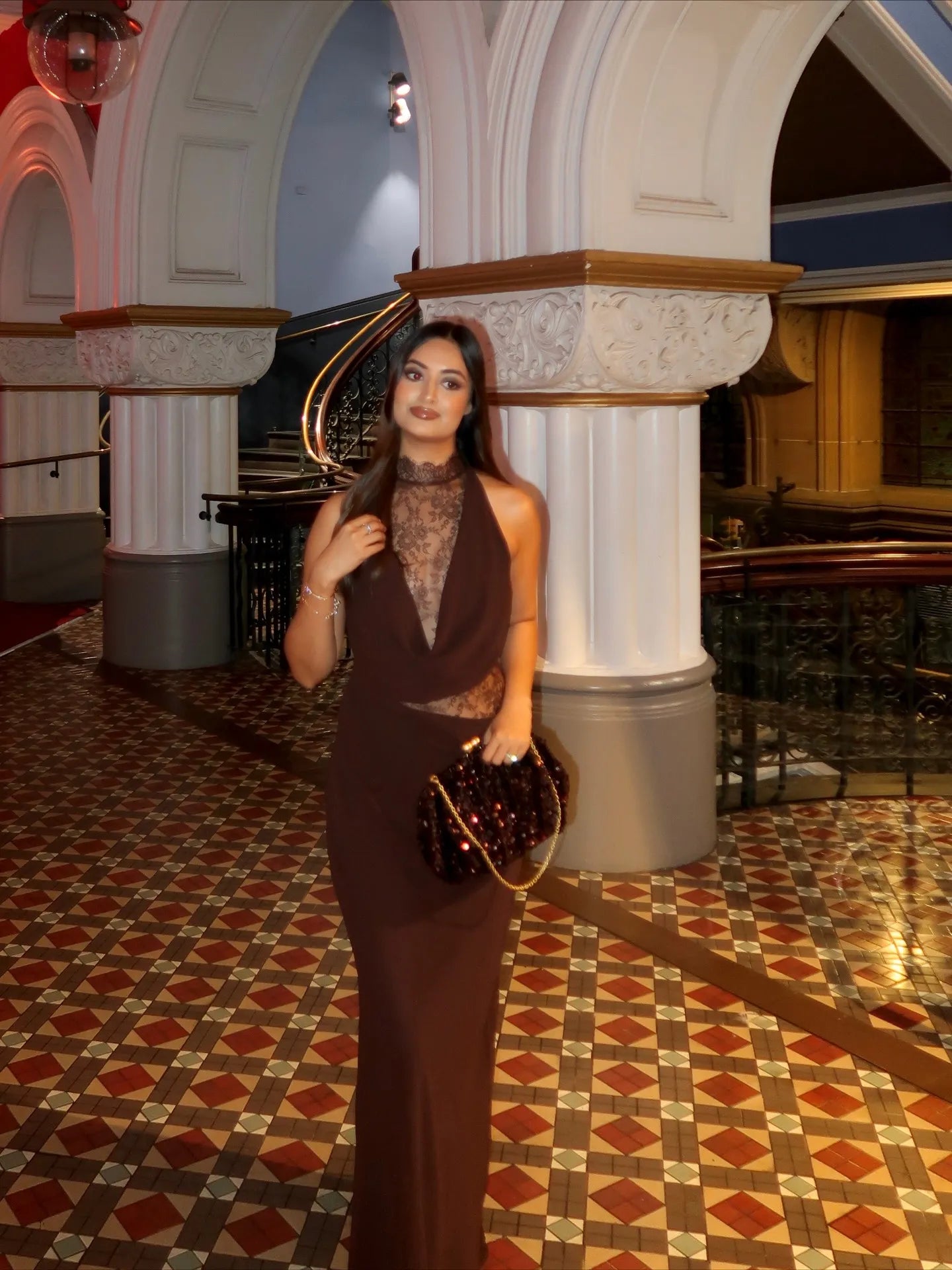 SAVANNAH TERRACOTTA HALTER LACE BODYCON MAXI DRESS