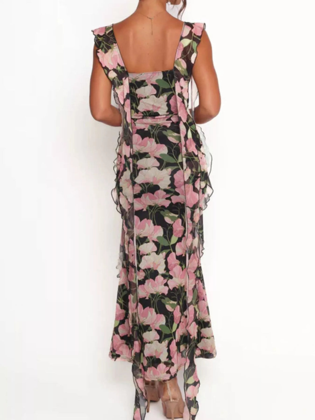 Floral Print Ruffle Trim Bodycon Maxi Dress