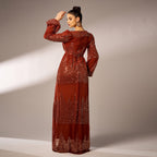 Rust sequin maxi dress back view with balloon sleeves