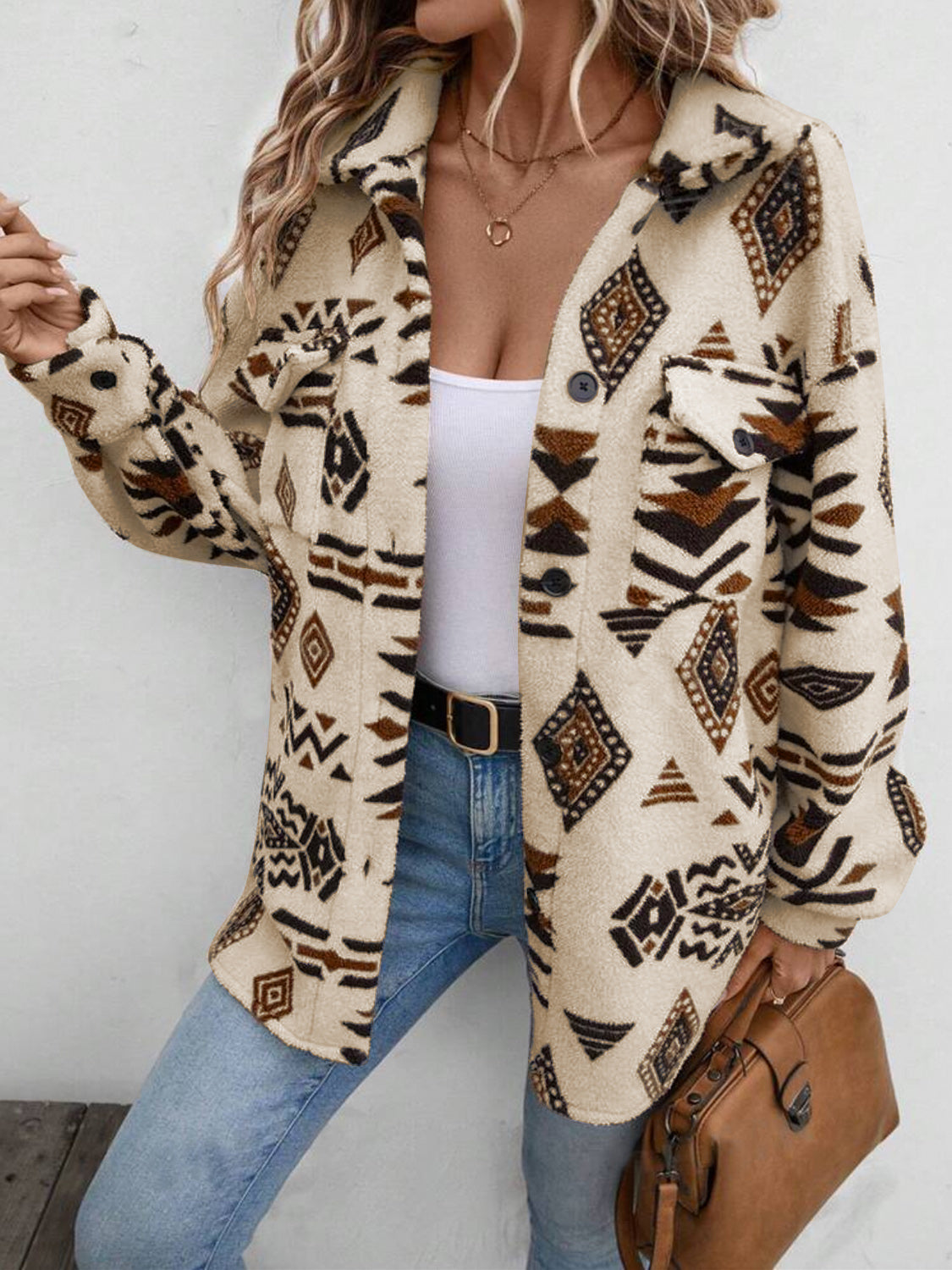 Geometric Button Up Dropped Shoulder Jacket Trendsi