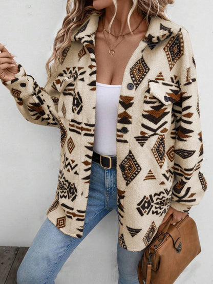 Geometric Button Up Dropped Shoulder Jacket Trendsi