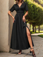 Lace Detail Slit V-Neck Short Sleeve Dress Trendsi