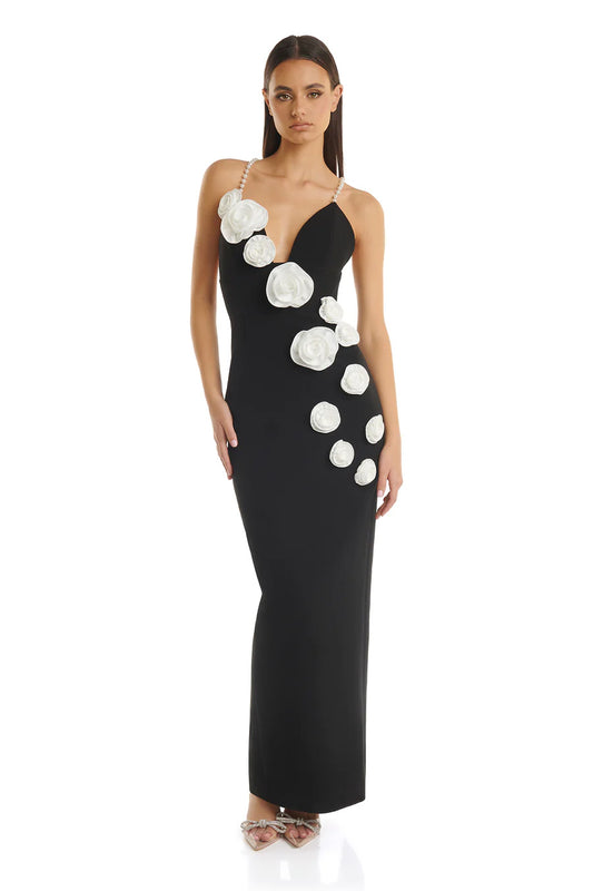 Special-interest Design Pearl Suspender Flowers Slit Slim-fitting Dress Aclosy