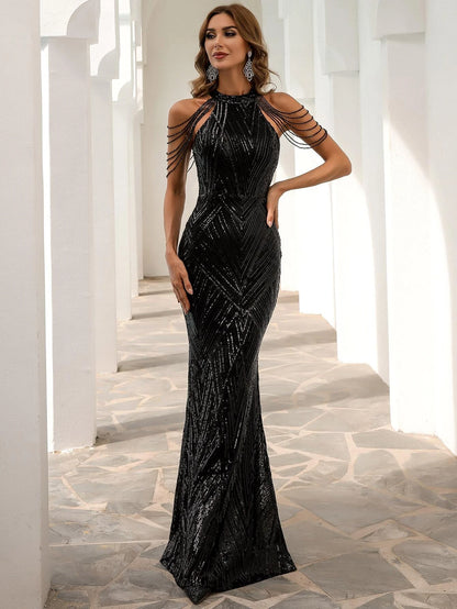 Fringed Sequined Host's Fishtail Long Slim Dress aclosy