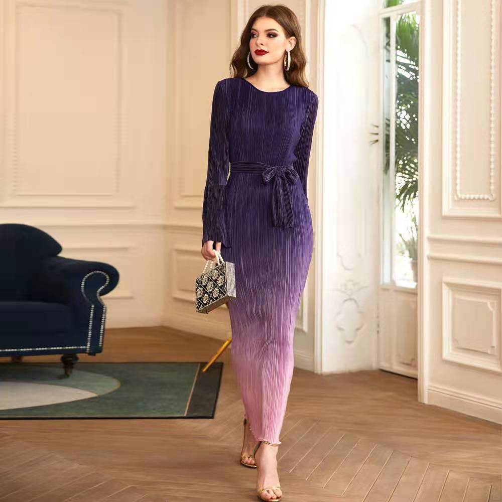 Pleated Gradient Beautiful Elastic Long Skirt Ladies Dress Aclosy