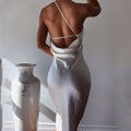 Satin Straps One-shoulder Sexy Suspender Halter Midi Skirt Dress aclosy