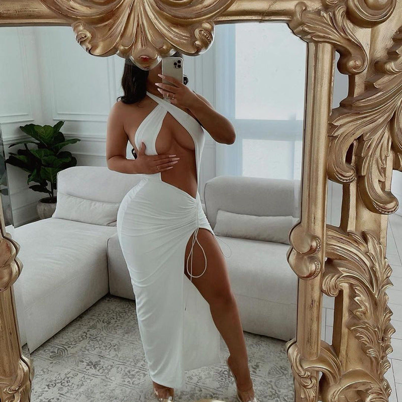 Navel Cutout Pleated Slit Long Dress Aclosy