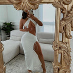 Navel Cutout Pleated Slit Long Dress Aclosy