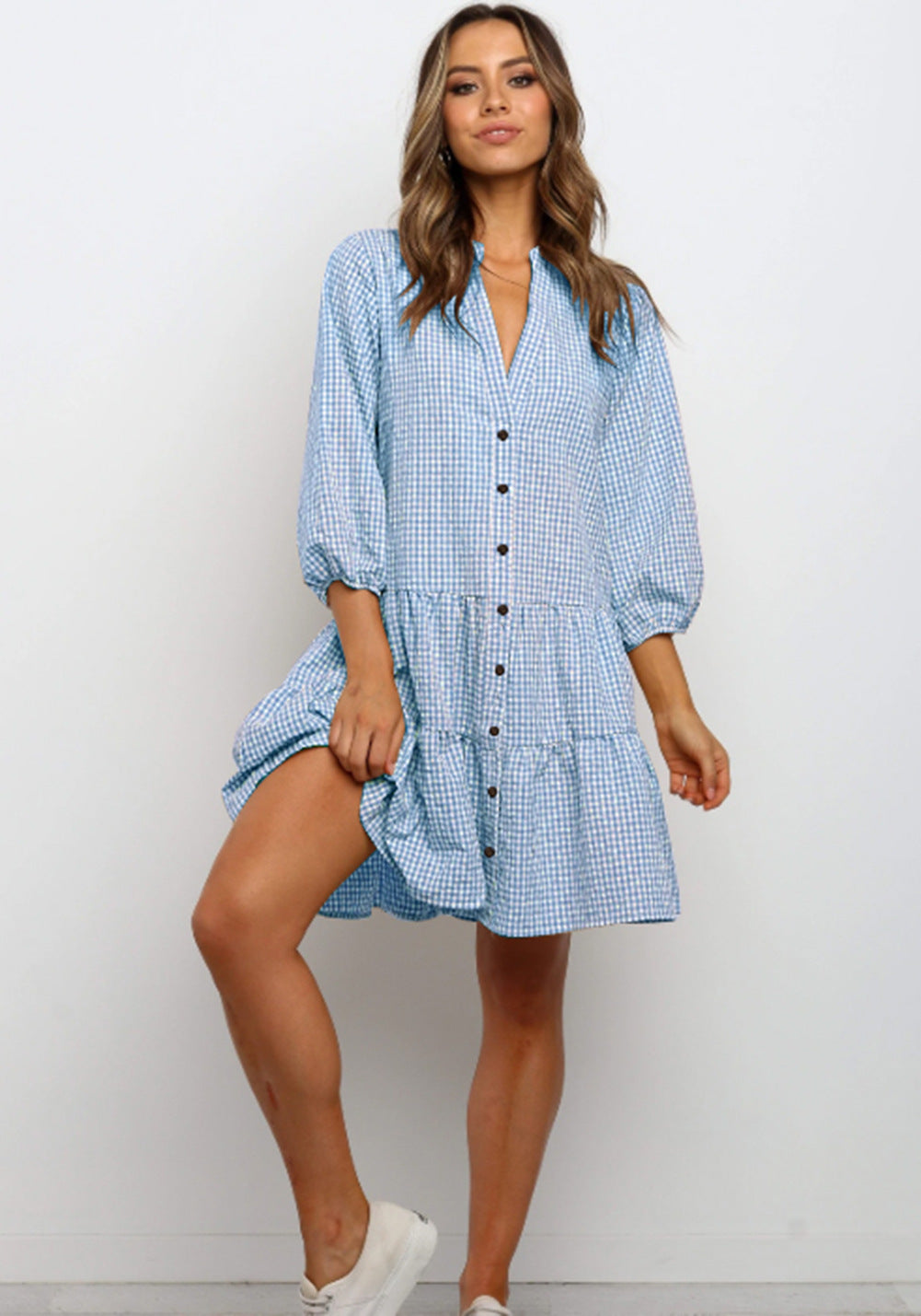 Ruffle V Neck Three-quarter Sleeves Dresses Aclosy
