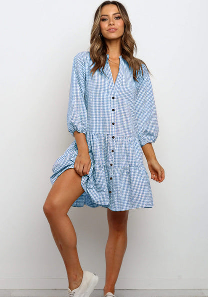Ruffle V Neck Three-quarter Sleeves Dresses Aclosy