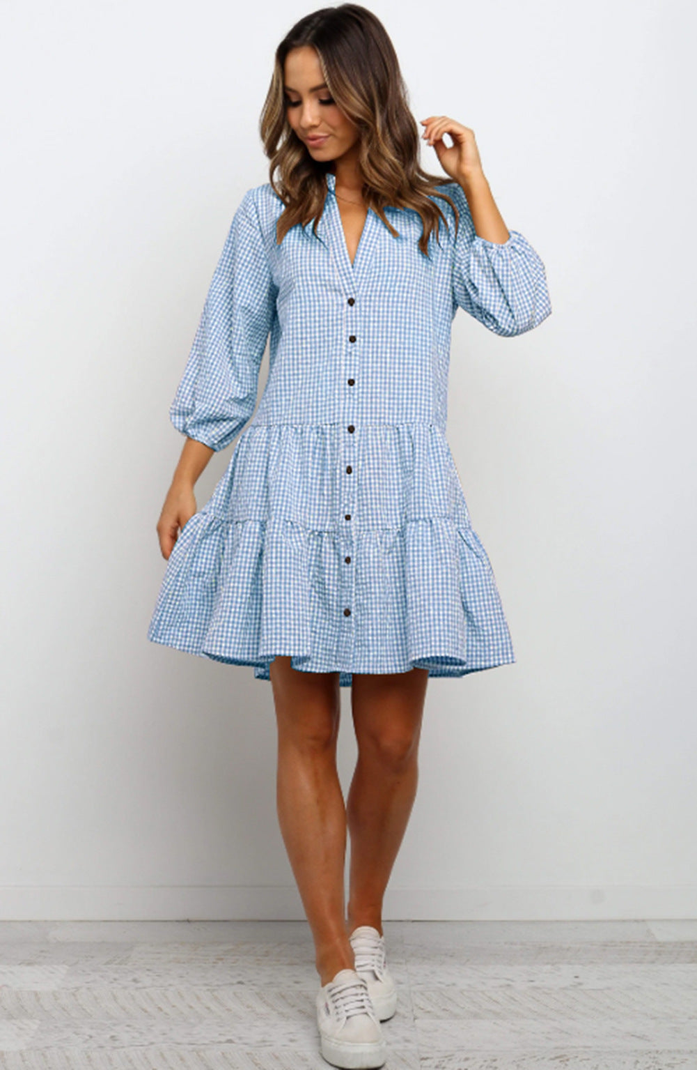 Ruffle V Neck Three-quarter Sleeves Dresses Aclosy