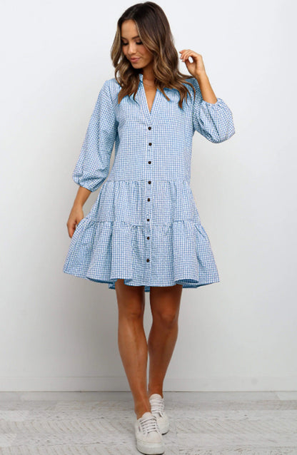 Ruffle V Neck Three-quarter Sleeves Dresses Aclosy