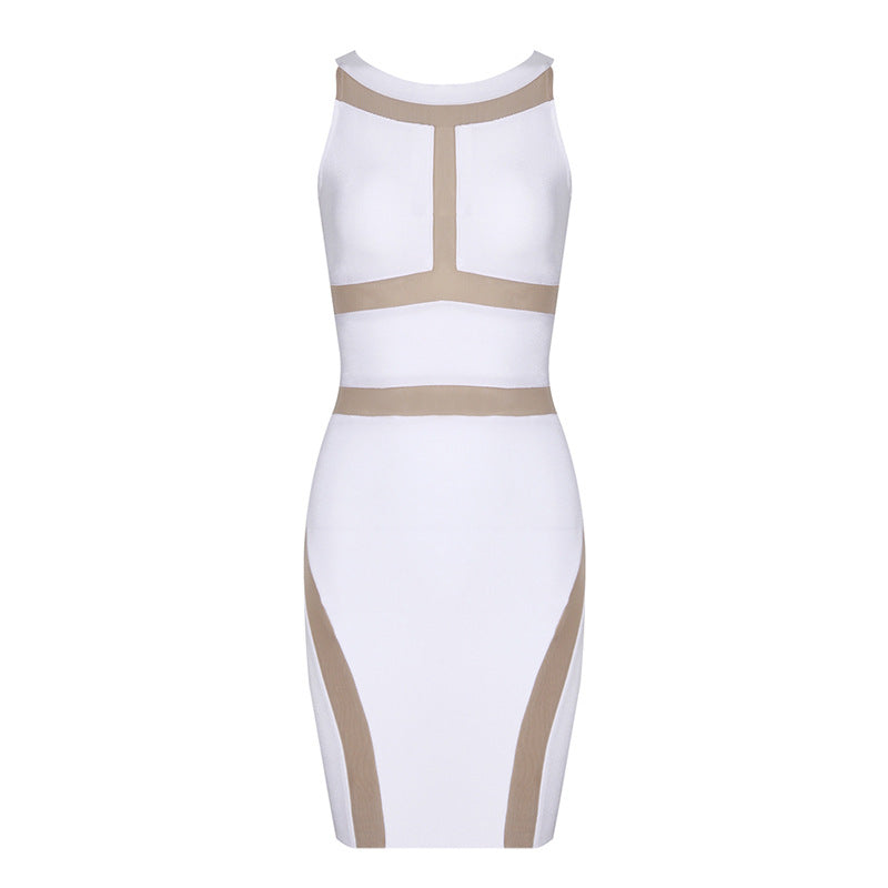 Halter Off-Shoulder Stitching Mesh Slim Bandage Dress Aclosy