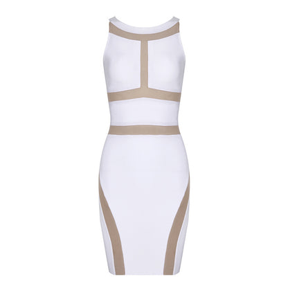 Halter Off-Shoulder Stitching Mesh Slim Bandage Dress Aclosy