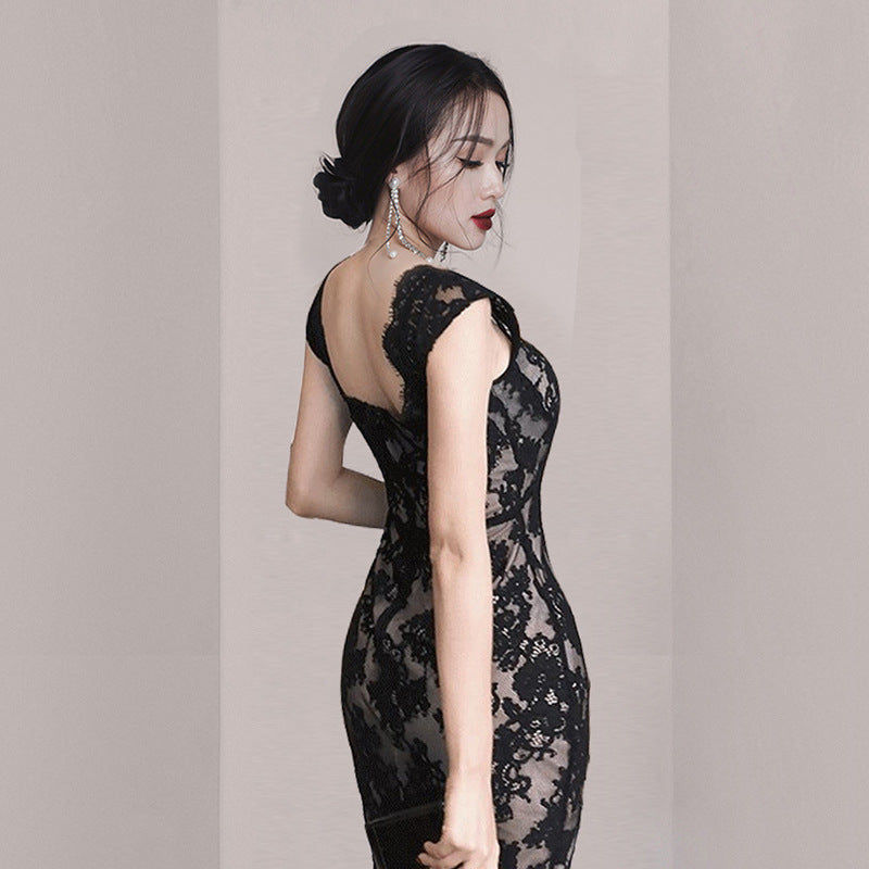 Sexy Back Lace Dress Deep V-Neck Slim Slimming Dress aclosy