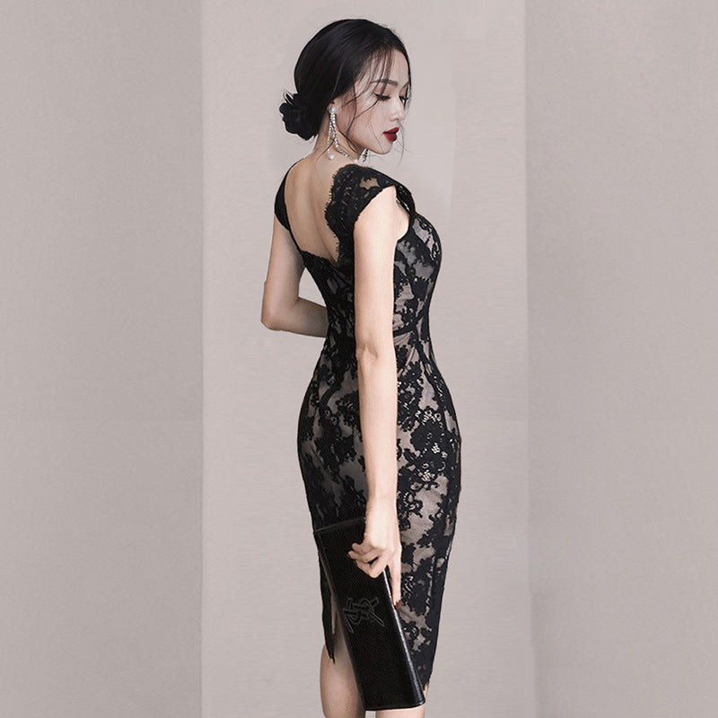 Sexy Back Lace Dress Deep V-Neck Slim Slimming Dress aclosy