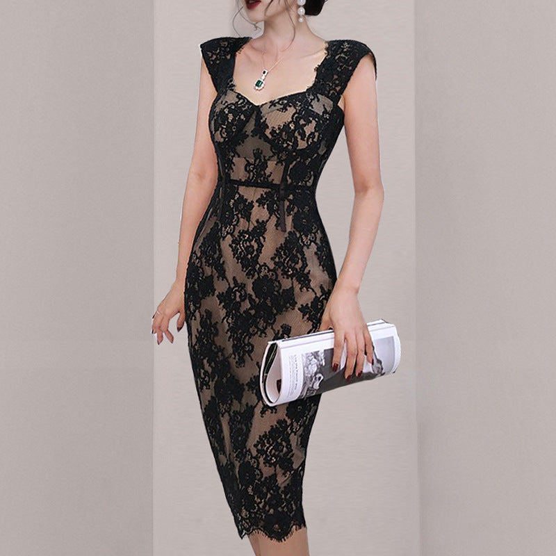 Sexy Back Lace Dress Deep V-Neck Slim Slimming Dress aclosy