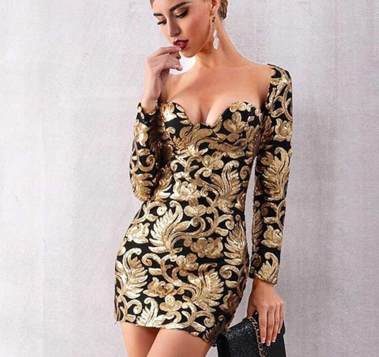 Party Dress Long Sleeve Sequined Deep V Gold Mini Club Dress aclosy