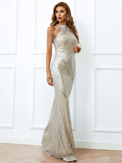 Fringed Sequined Fishtail Prom Dress aclosy