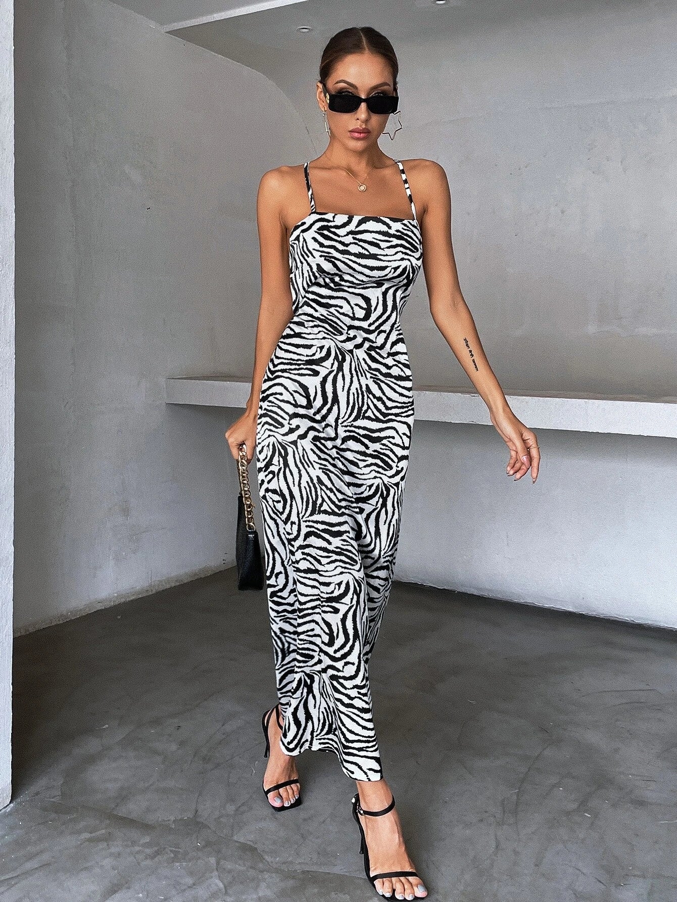 Striped Black And White Animal Print  Back Slim Fit Slip Dress aclosy
