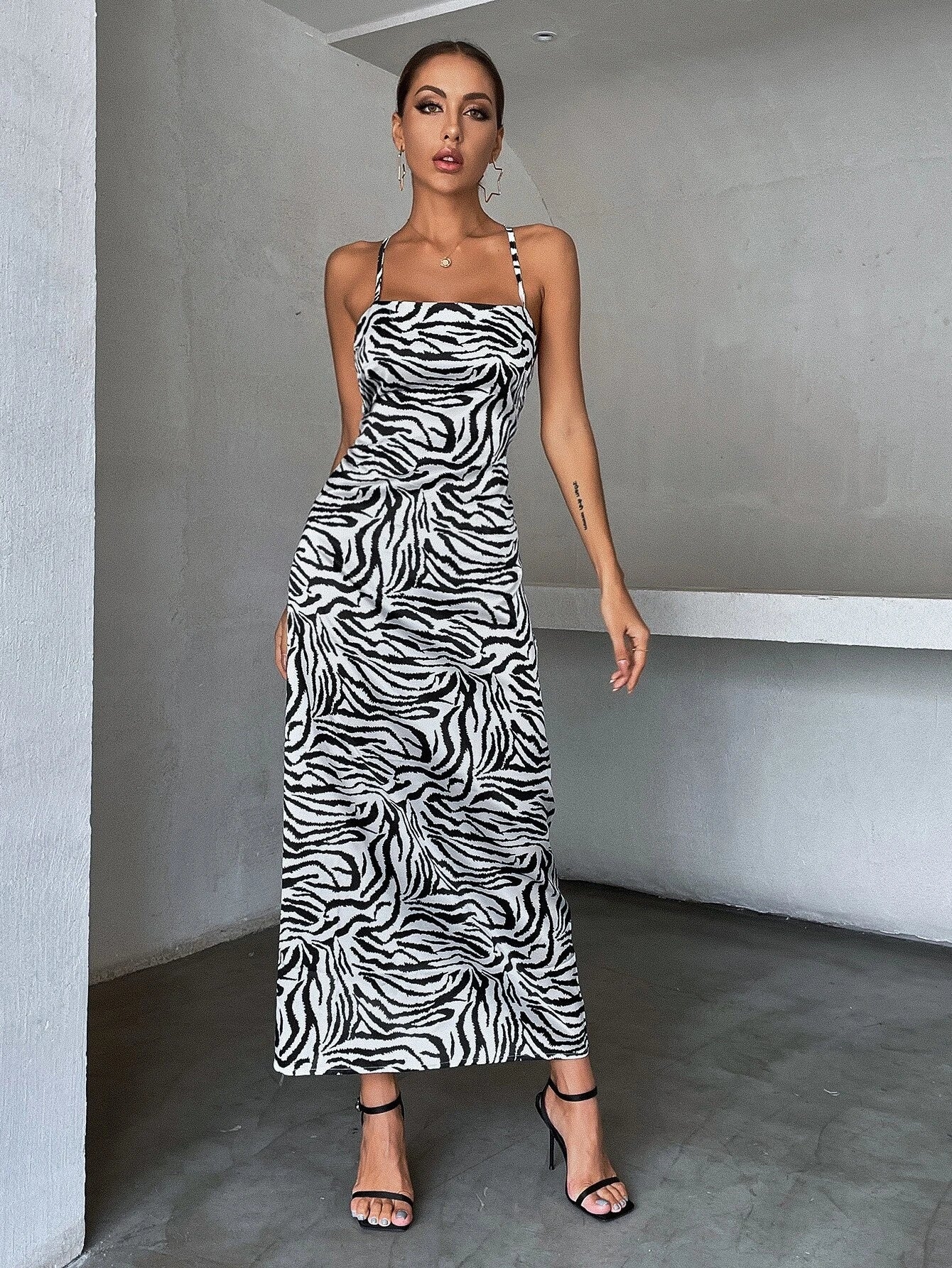 Striped Black And White Animal Print  Back Slim Fit Slip Dress aclosy