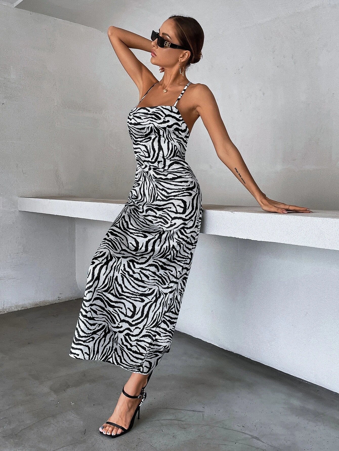 Striped Black And White Animal Print  Back Slim Fit Slip Dress aclosy