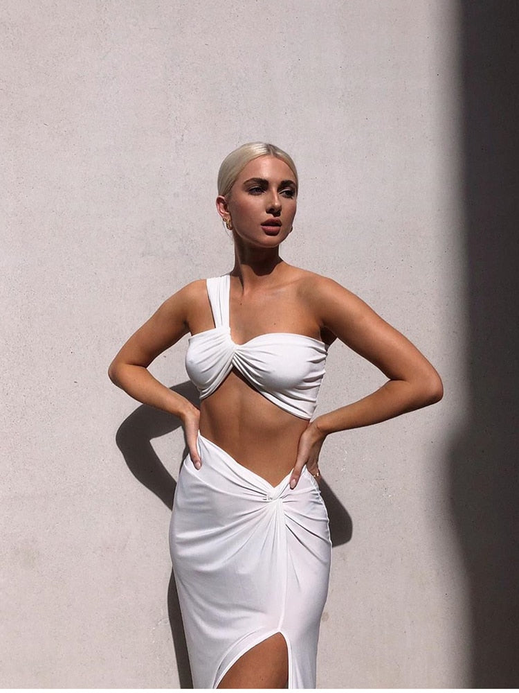 Temperament Elastic Tube Top Irregular Top + Twisted Slit High Waist Skirt Suit Y aclosy