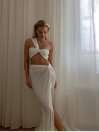 Temperament Elastic Tube Top Irregular Top + Twisted Slit High Waist Skirt Suit Y aclosy