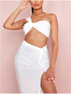 Temperament Elastic Tube Top Irregular Top + Twisted Slit High Waist Skirt Suit Y aclosy