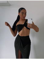 Temperament Elastic Tube Top Irregular Top + Twisted Slit High Waist Skirt Suit Y aclosy