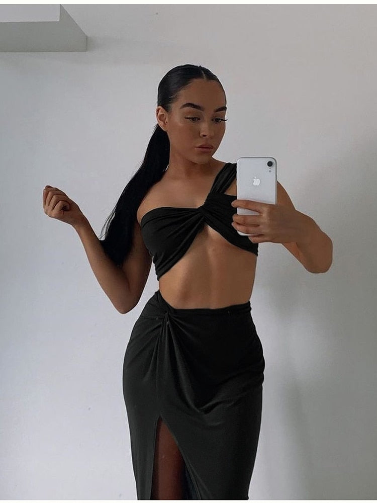 Temperament Elastic Tube Top Irregular Top + Twisted Slit High Waist Skirt Suit Y aclosy